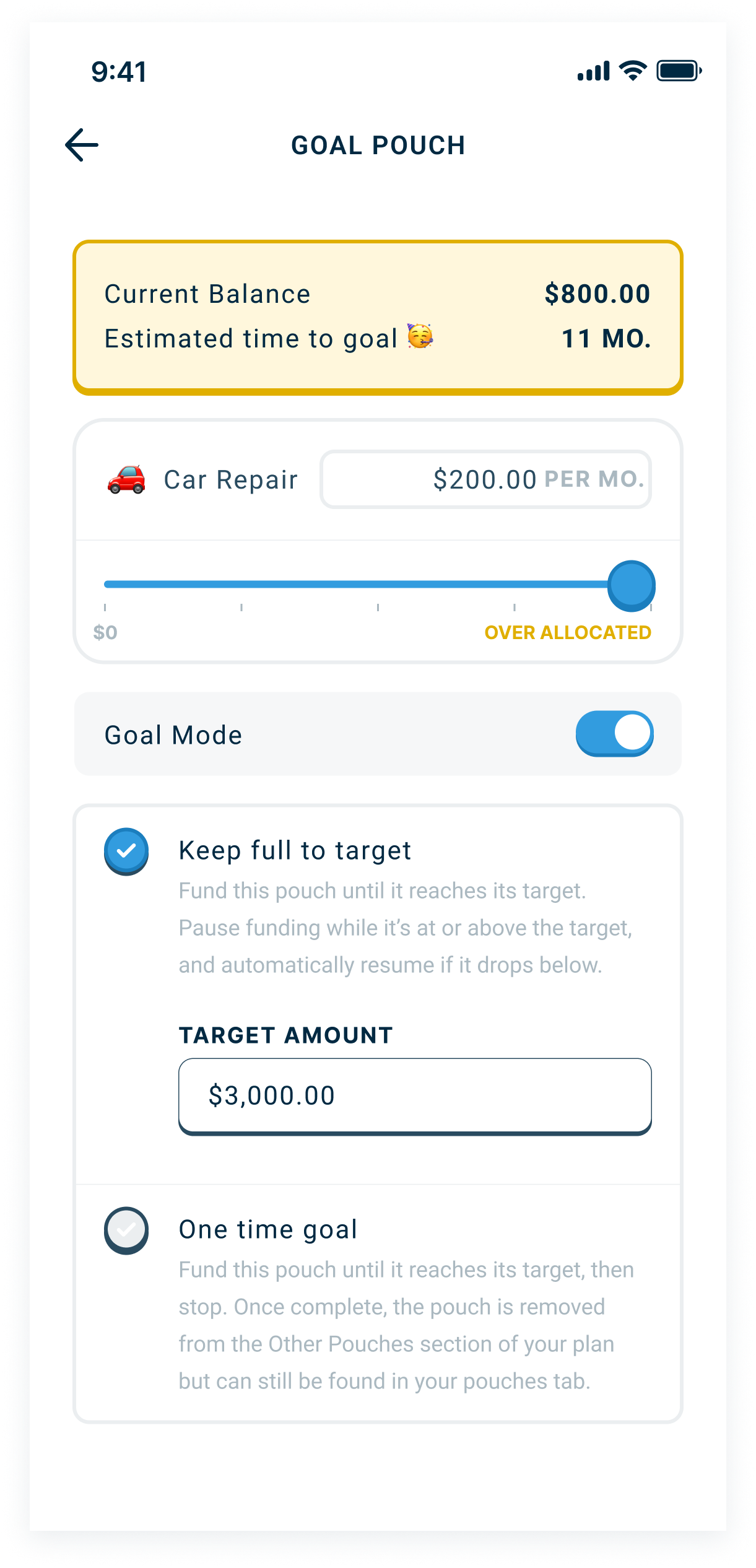 Goal Pouch screen